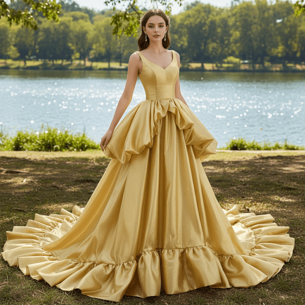 Ruffle A-line V-neck Empire Waist Gold Wedding Dress with Tank Top - Rosymae