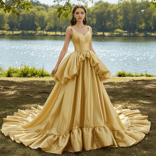 Ruffle A-line V-neck Empire Waist Gold Wedding Dress with Tank Top - Rosymae