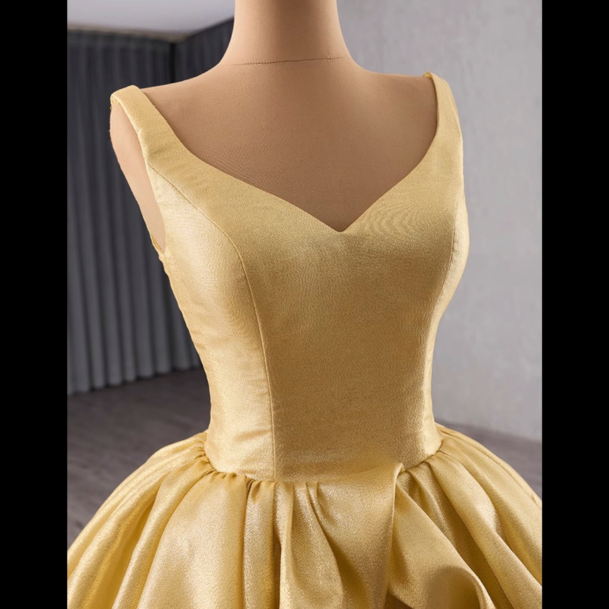 Ruffle A-line V-neck Empire Waist Gold Wedding Dress with Tank Top - Rosymae