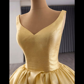 Ruffle A-line V-neck Empire Waist Gold Wedding Dress with Tank Top - Rosymae