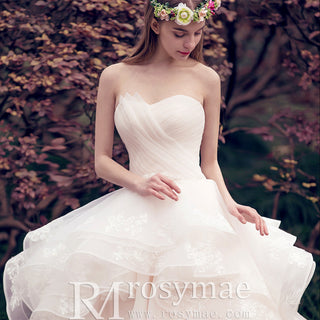 Asymmetrical Neckline Ball Gown Wedding Dress with Ruffle Skirt
