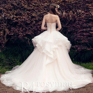 Asymmetrical Neckline Ball Gown Wedding Dress with Ruffle Skirt