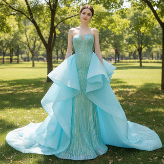 Ruffle Beaded Wedding Dress with Overskirt Strapless Formal Gown - Rosymae