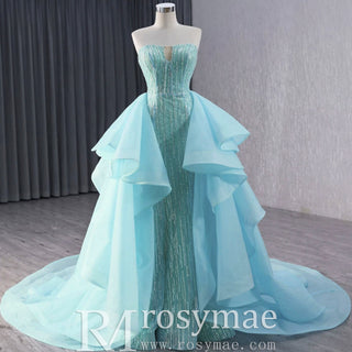 Ruffle Beaded Wedding Dress with Overskirt Strapless Formal Gown - Rosymae