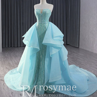 Ruffle Beaded Wedding Dress with Overskirt Strapless Formal Gown - Rosymae