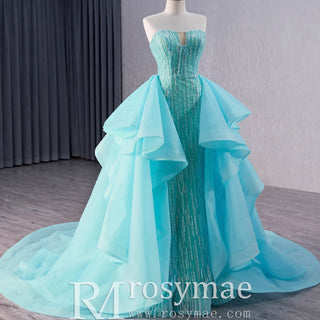 Ruffle Beaded Wedding Dress with Overskirt Strapless Formal Gown - Rosymae