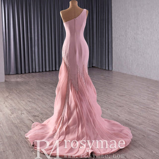 Ruffle Maxi Formal Gowns One Shoulder Blush Pink Prom Dresses - Rosymae