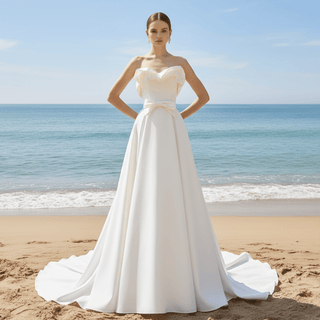 Ruffle Neckline A-line Wedding Dress with Bowknot Front - Rosymae