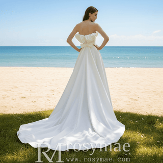 Ruffle Neckline A-line Wedding Dress with Bowknot Front - Rosymae