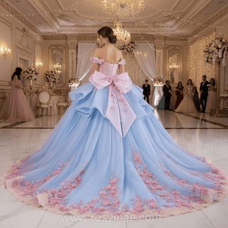 Ruffle Off the Shoulder Big Skirt 15 16 Quinceanera Dresses with Bowknot - Rosymae