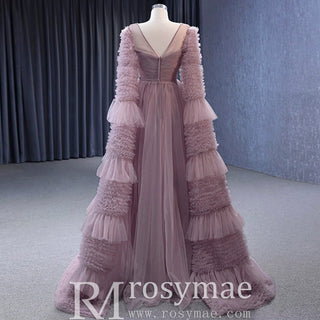 Ruffle Queen-ann Neckline Prom Dress Formal Gown with Cape Sleeve - Rosymae