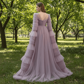 Ruffle Queen-ann Neckline Prom Dress Formal Gown with Cape Sleeve - Rosymae