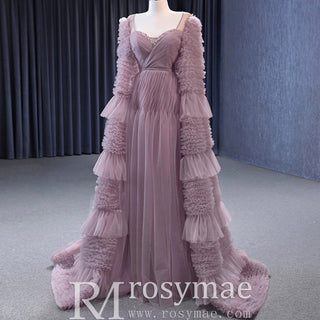 Ruffle Queen-ann Neckline Prom Dress Formal Gown with Cape Sleeve - Rosymae