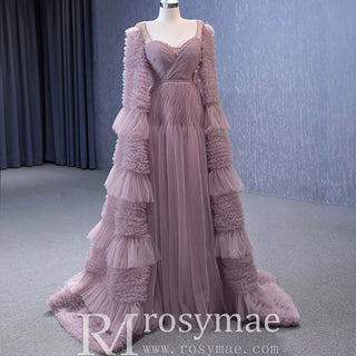 Ruffle Queen-ann Neckline Prom Dress Formal Gown with Cape Sleeve - Rosymae