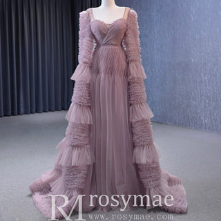 Ruffle Queen-ann Neckline Prom Dress Formal Gown with Cape Sleeve - Rosymae