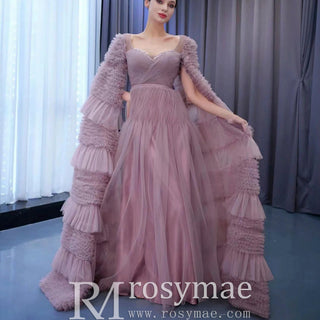 Ruffle Queen-ann Neckline Prom Dress Formal Gown with Cape Sleeve - Rosymae