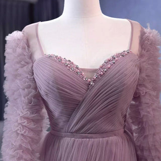 Ruffle Queen-ann Neckline Prom Dress Formal Gown with Cape Sleeve - Rosymae