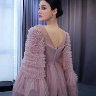 Ruffle Queen-ann Neckline Prom Dress Formal Gown with Cape Sleeve - Rosymae