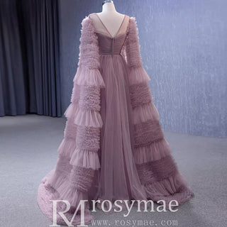 Ruffle Queen-ann Neckline Prom Dress Formal Gown with Cape Sleeve - Rosymae