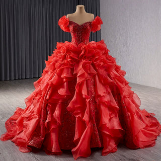 Ruffle Red Quinceanera Dress Sequined Evening Gown with Off the Shoulder - Rosymae