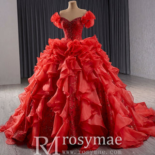 Ruffle Red Quinceanera Dress Sequined Evening Gown with Off the Shoulder - Rosymae
