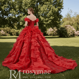 Ruffle Red Quinceanera Dress Sequined Evening Gown with Off the Shoulder - Rosymae