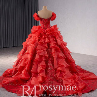 Ruffle Red Quinceanera Dress Sequined Evening Gown with Off the Shoulder - Rosymae