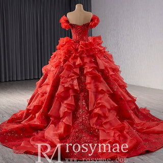 Ruffle Red Quinceanera Dress Sequined Evening Gown with Off the Shoulder - Rosymae