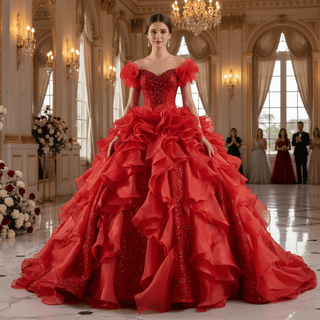 Ruffle Red Quinceanera Dress Sequined Evening Gown with Off the Shoulder - Rosymae