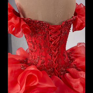 Ruffle Red Quinceanera Dress Sequined Evening Gown with Off the Shoulder - Rosymae