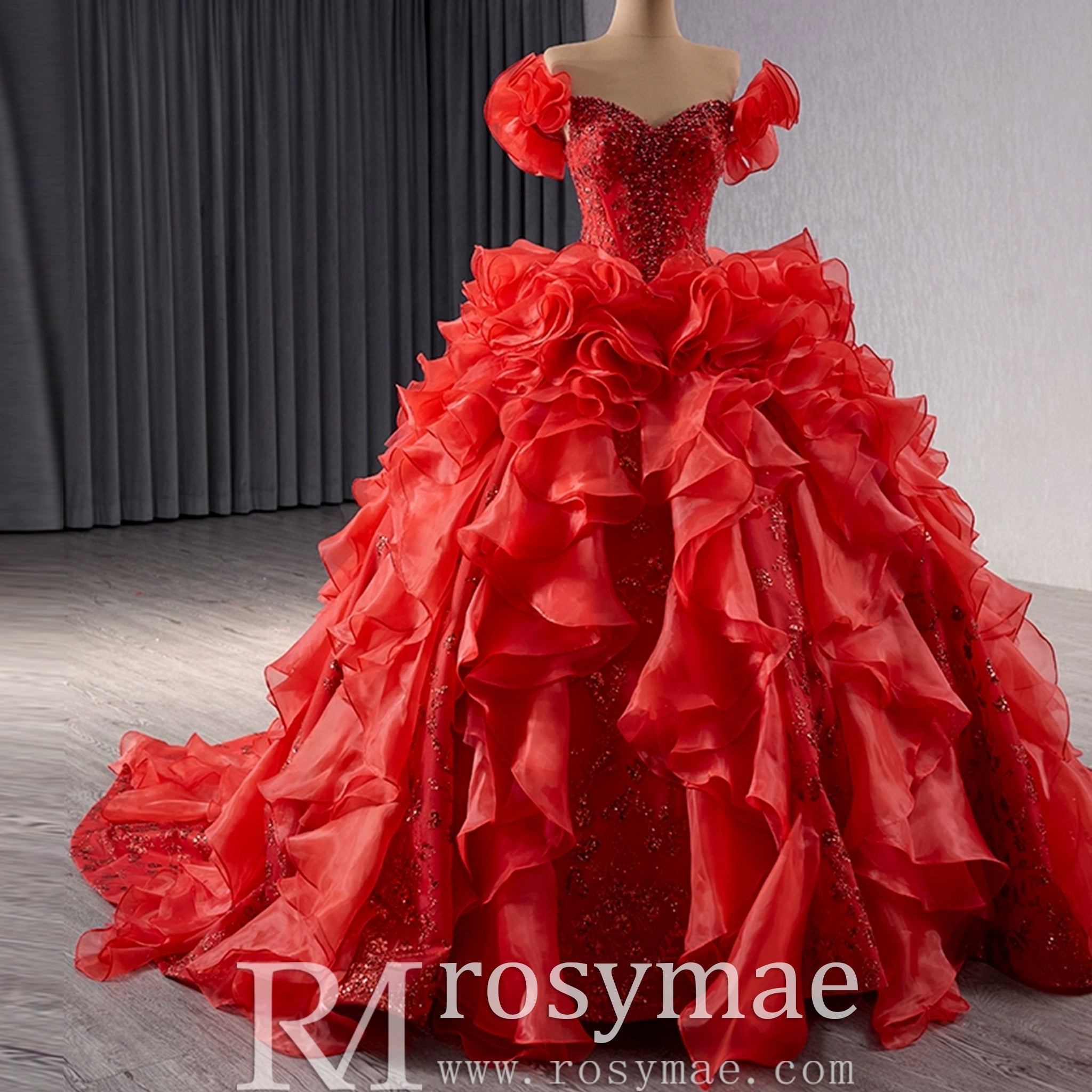 Ruffle Red Quinceanera Dress Sequined Evening Gown with Off the Shoulder - Rosymae