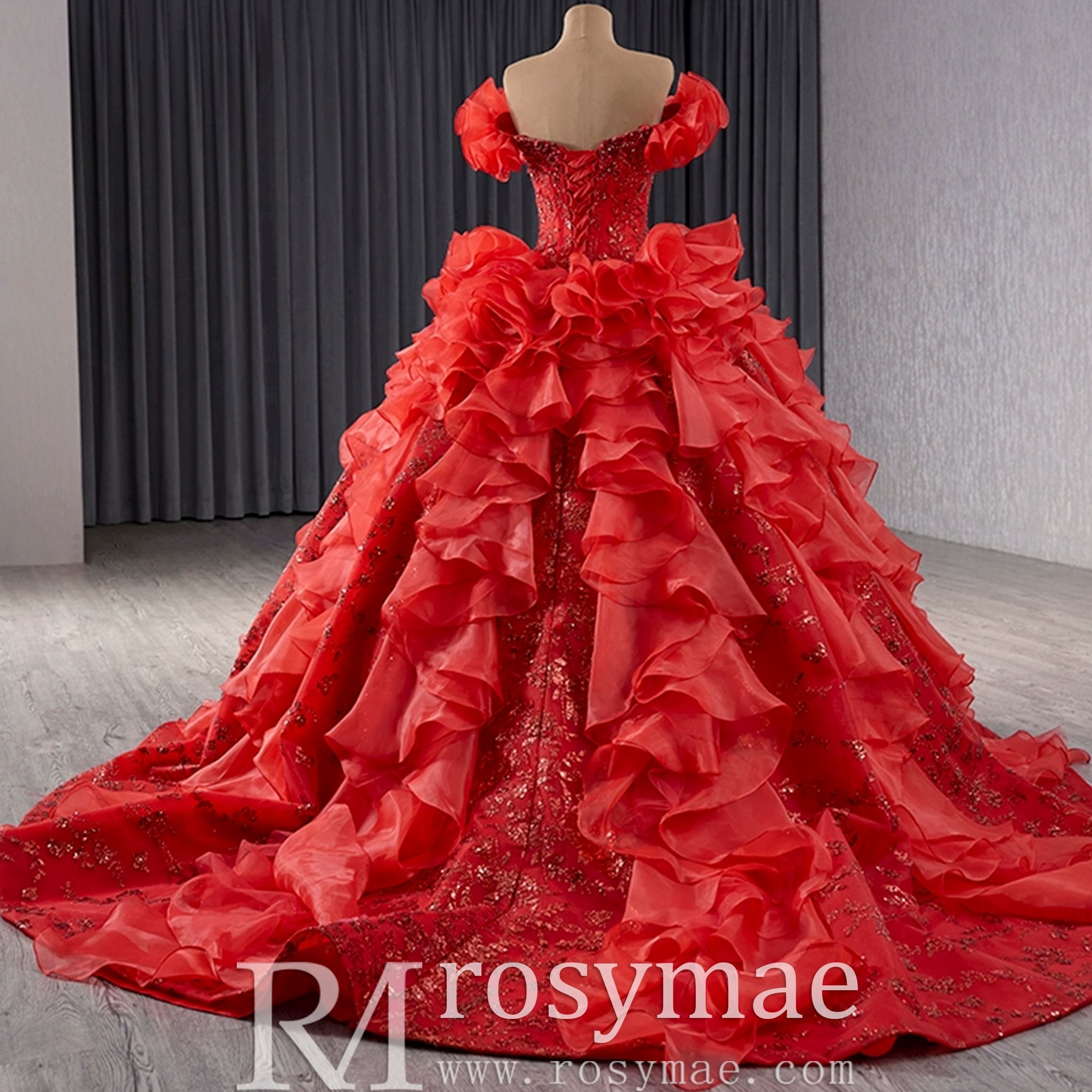 Ruffle Red Quinceanera Dress Sequined Evening Gown with Off the Shoulder - Rosymae