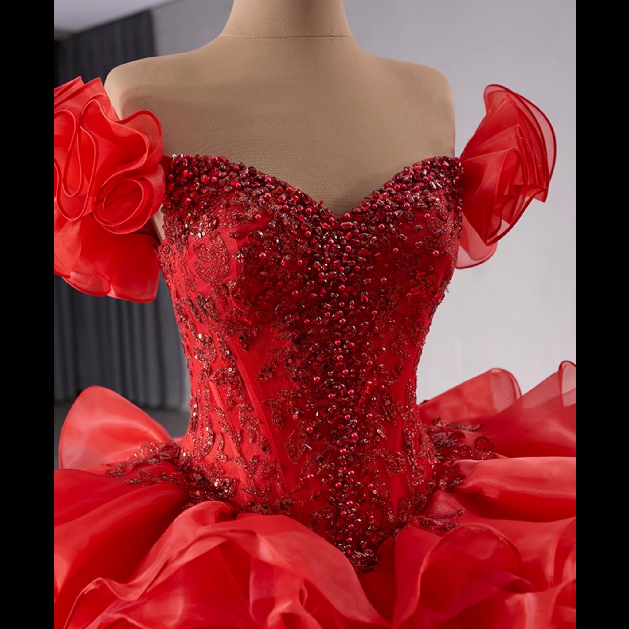 Ruffle Red Quinceanera Dress Sequined Evening Gown with Off the Shoulder - Rosymae
