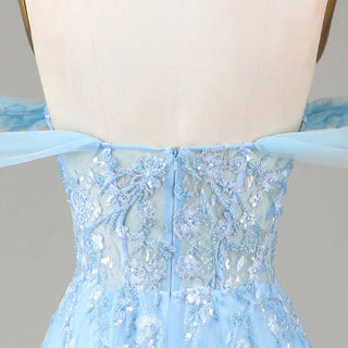 Ruffle Regal Light Blue Prom Dress Off Shoulder Evening Gown with Leg Slit - Rosymae