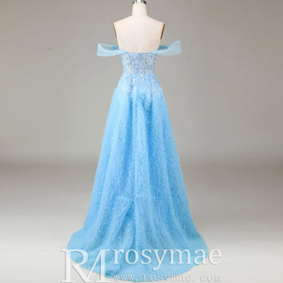 Ruffle Regal Light Blue Prom Dress Off Shoulder Evening Gown with Leg Slit - Rosymae