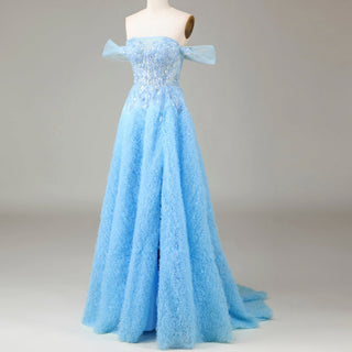 Ruffle Regal Light Blue Prom Dress Off Shoulder Evening Gown with Leg Slit - Rosymae