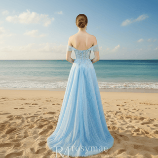 Ruffle Regal Light Blue Prom Dress Off Shoulder Evening Gown with Leg Slit - Rosymae