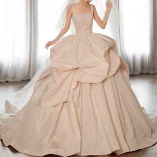 Taffeta Ruffle Skirt Ball Gown Wedding Dress with Square Neckline