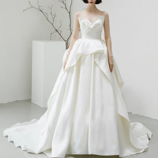 Strapless Ruffle Satin A-line Wedding Dress with Vneck for Bride