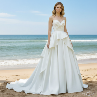 Strapless Ruffle Satin A-line Wedding Dress with Vneck for Bride
