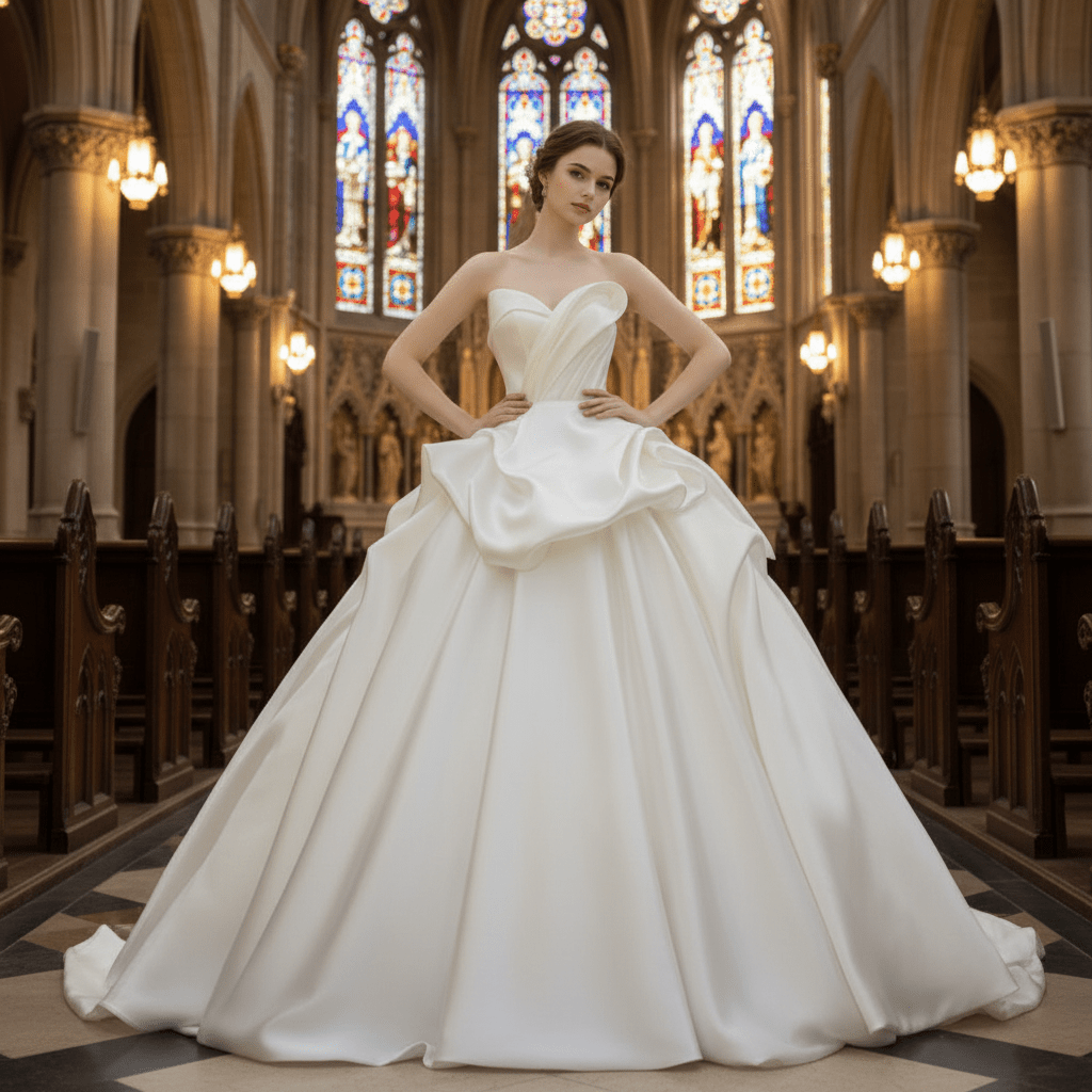 Ruffle Strapless Satin Wedding Dress Bridal Gown with Puffy Skirt - Rosymae