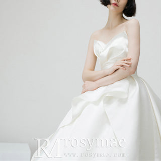 Strapless Ruffle Satin A-line Wedding Dress with Vneck for Bride