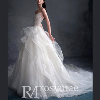 A-line Tulle Ruffle Wedding Dress with Curvy Neckline