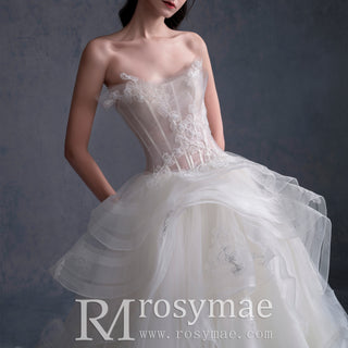 A-line Tulle Ruffle Wedding Dress with Curvy Neckline