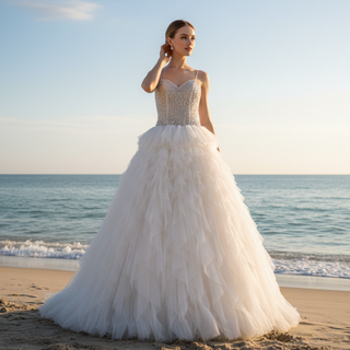 Vneck Tulle Ruffle Wedding Dress with Spaghetti Strap