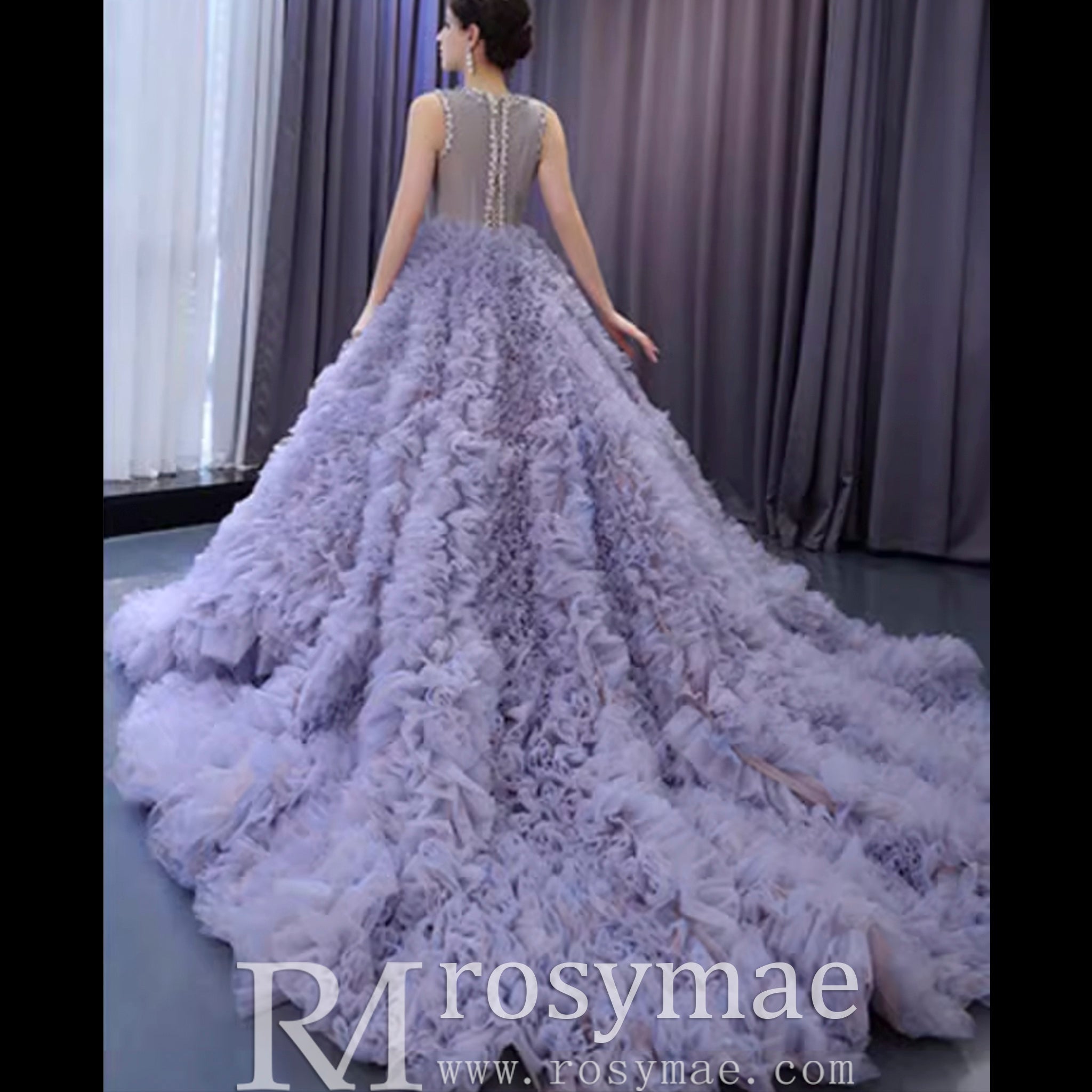 Ruffled Ball Gown High Sheer Neck Wedding Dress with Rhinestone Bodice - Rosymae