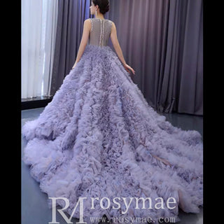Ruffled Ball Gown High Sheer Neck Wedding Dress with Rhinestone Bodice - Rosymae