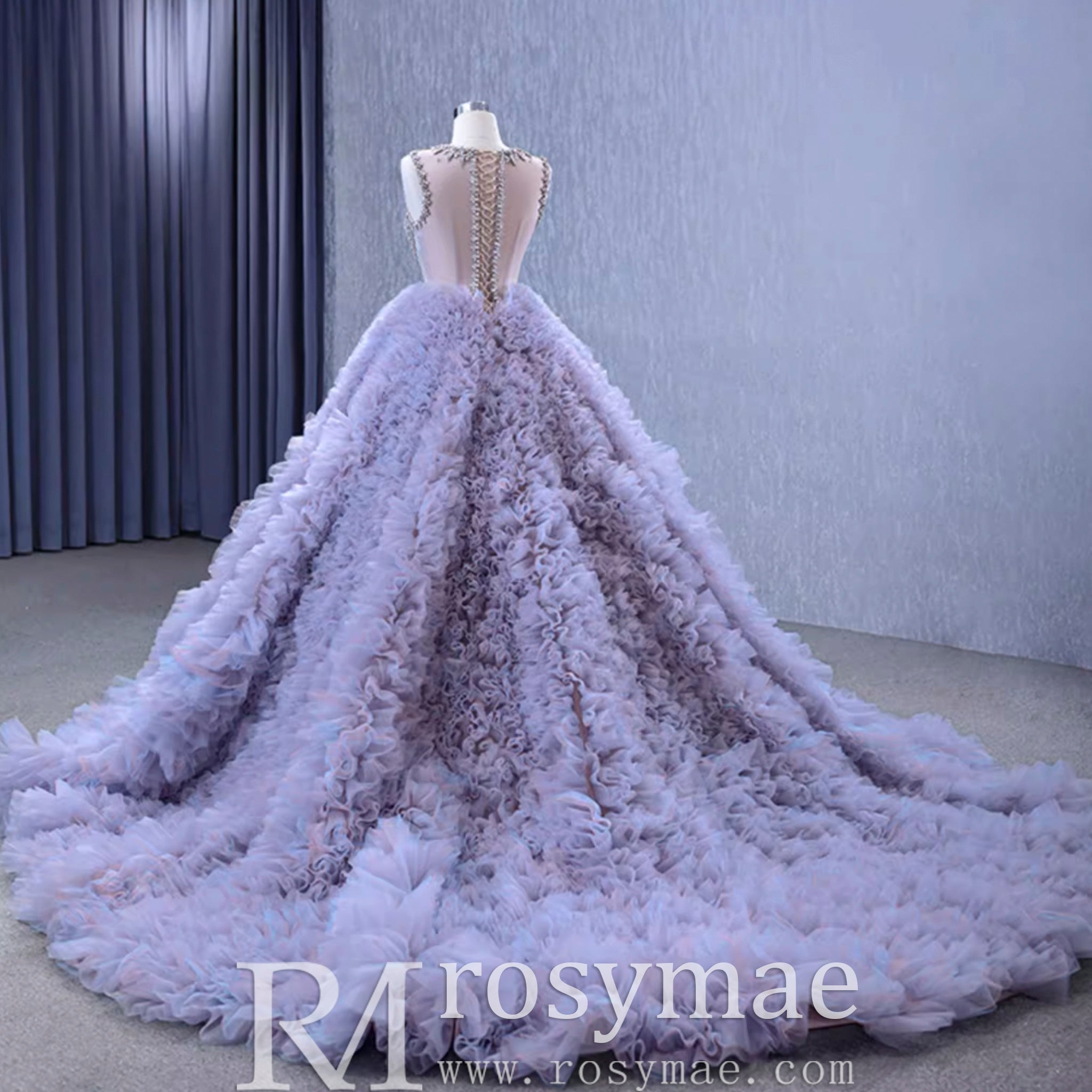 Ruffled Ball Gown High Sheer Neck Wedding Dress with Rhinestone Bodice - Rosymae