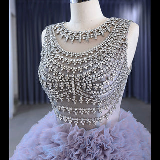 Ruffled Ball Gown High Sheer Neck Wedding Dress with Rhinestone Bodice - Rosymae