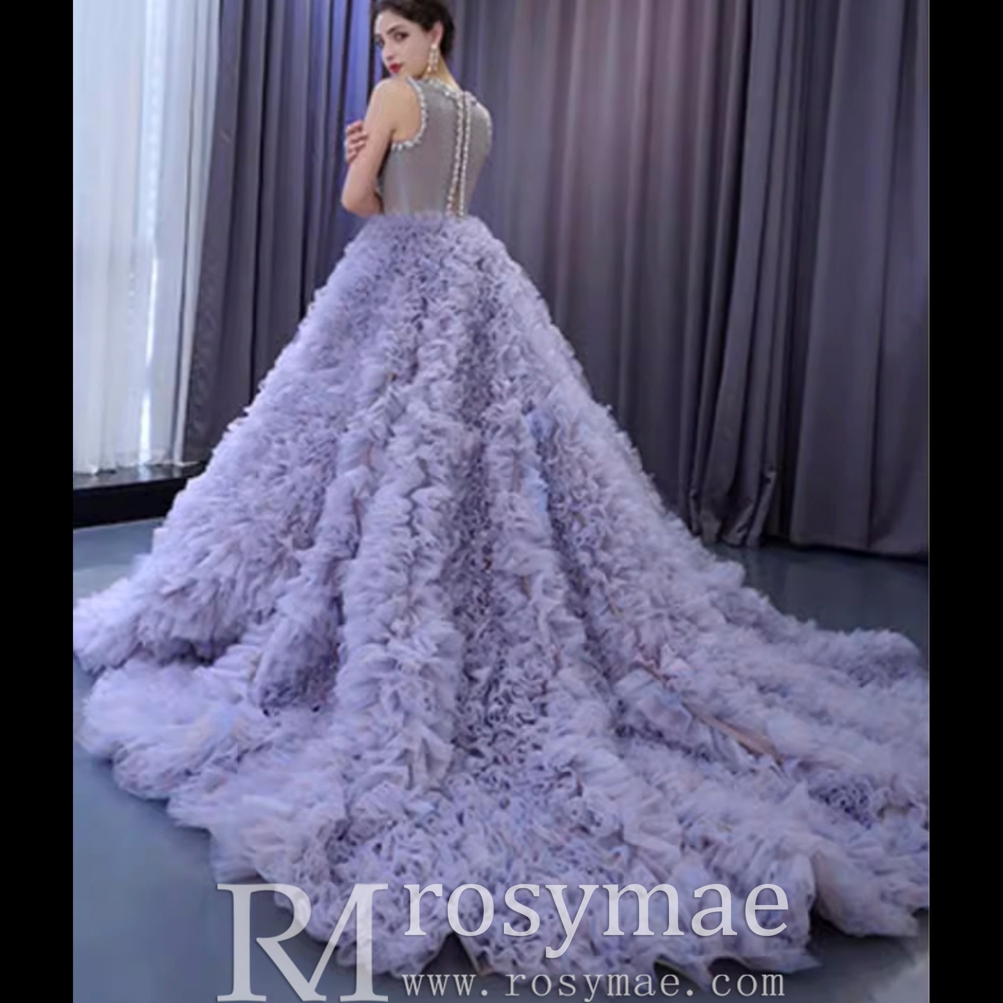 Ruffled Ball Gown High Sheer Neck Wedding Dress with Rhinestone Bodice - Rosymae